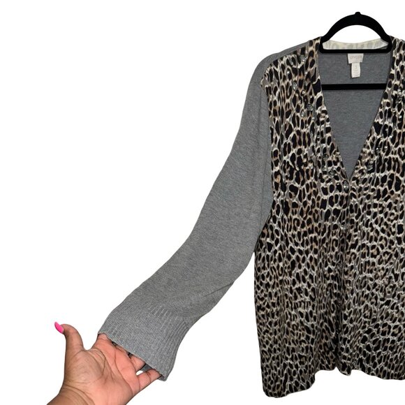 Chico Embellished Animal Print Gray Peyton Button Cardigan Sweater Size 3 XL/16 - Picture 2 of 15